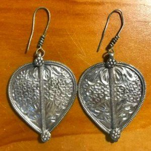 Handmade Large Artisan Drop Dangle Chandelier Stamped Grapes Leaf Earrings